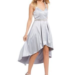 Sequin Hearts Nordstrom Silver High Low Belted Formal Dress, Size 9 NWT